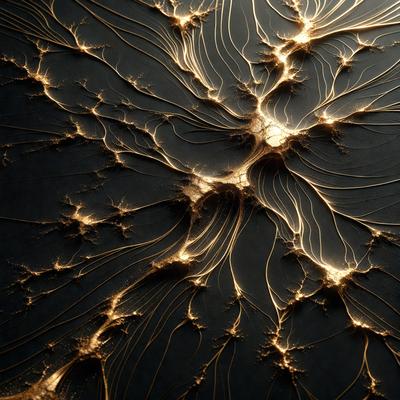 The primary subject of the image is a close-up of a patterned surface, possibly a piece of art or a textured wall. The setting appears to be a dark room, with the patterned surface being the main focus. The visual style of the image is a combination of photo and digital art, creating a unique and intriguing appearance. The colors and mood of the image are predominantly dark, with the patterned surface providing a contrasting element of light and texture.